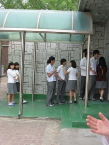 students waiting in line outside the cafeteria
